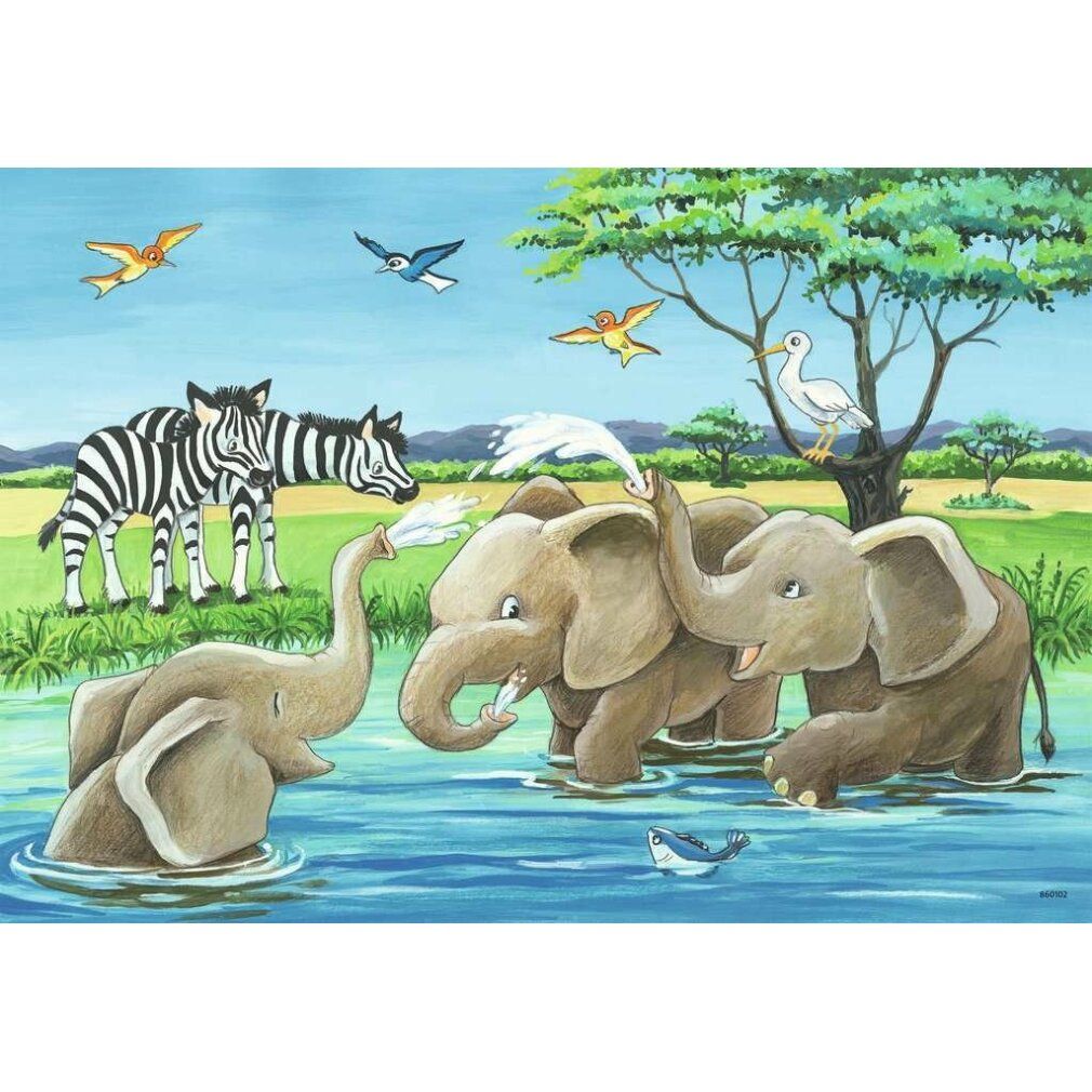 Puzzle con elefanti, zebre e uccelli. Elefanti nell'acqua. Sfondo con alberi e cielo. Puzzle per bambini.