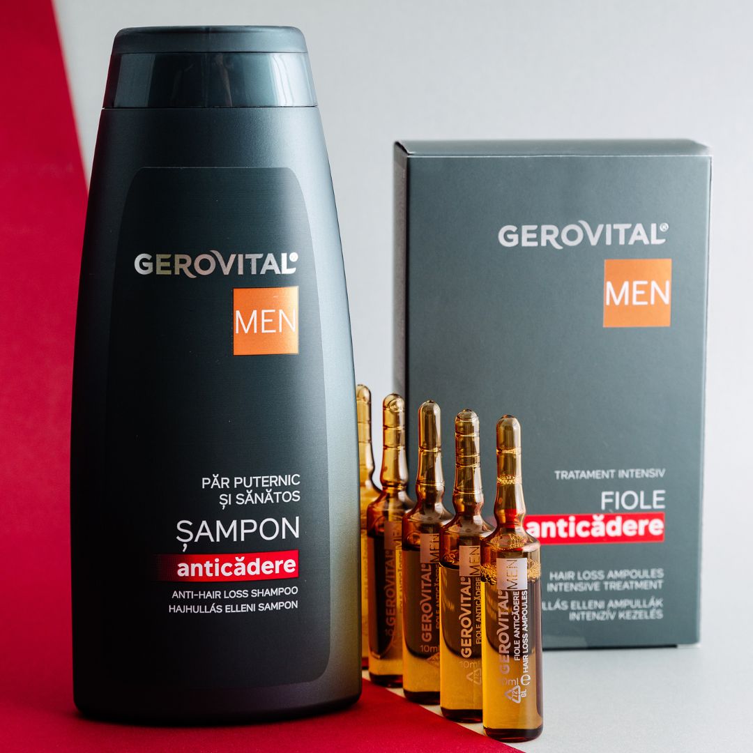 Shampoo Gerovital Men e confezione di fiale. Flacone di shampoo e scatola di fiale. Scritta: Fiole anticădere.