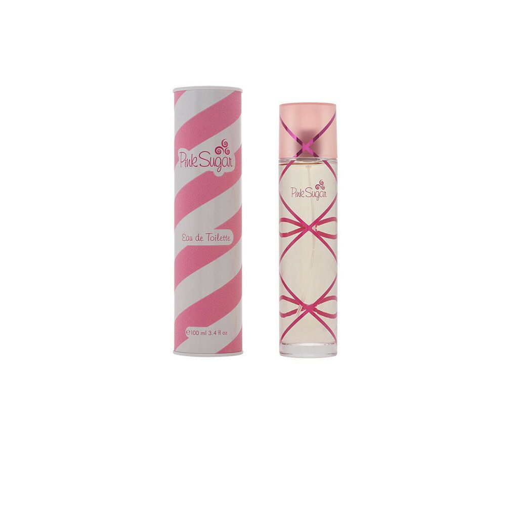 Flacone e confezione. Strisce rosa e bianche. Scritta: Pink Sugar Eau de Toilette.