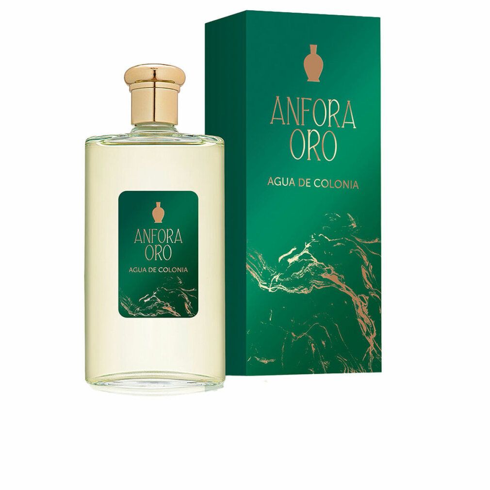 Flacone e scatola di Anfora Oro Agua De Colonia. Flacone con tappo dorato ed etichetta verde. Scatola verde con logo e testo dorati.