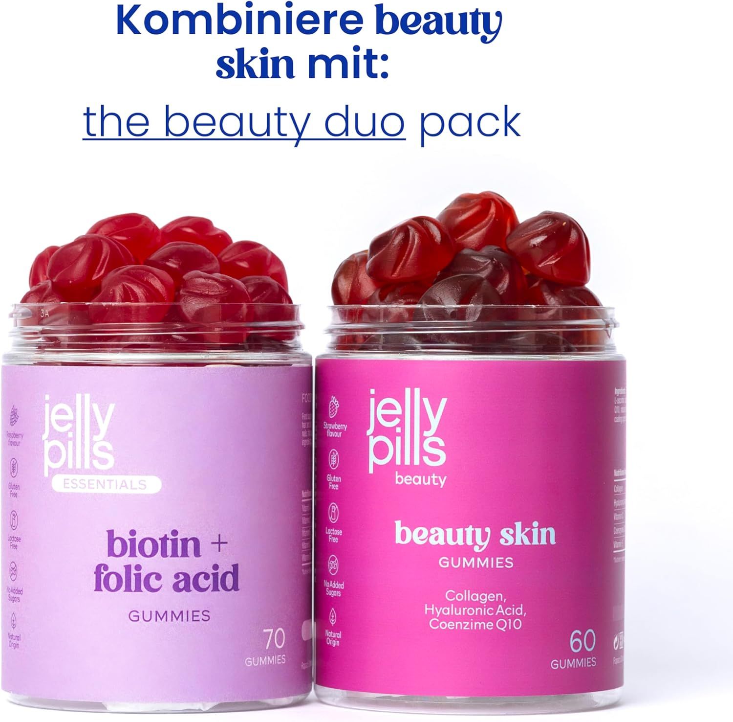 Due barattoli: "Jelly Pills beauty skin GUMMIES" e "biotina + acido folico GUMMIES".