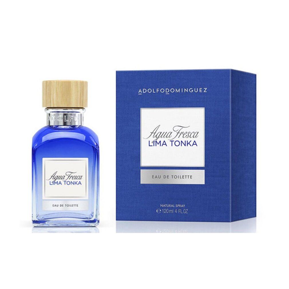 Flacone e scatola di profumo blu. Scritta: Agua Fresca Lima Tonka, Eau de Toilette. Tappo color legno.
