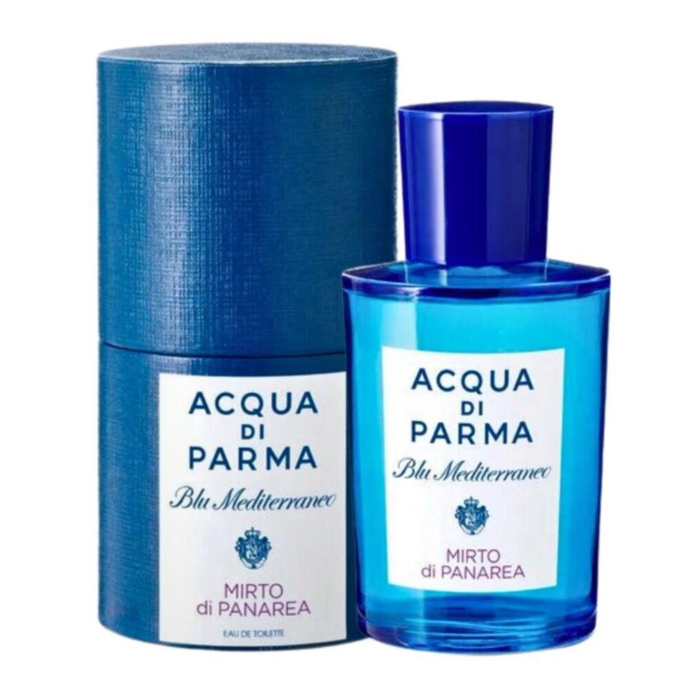 Flacone di vetro blu e contenitore cilindrico. Etichetta bianca con scritta: ACQUA DI PARMA, Blu Mediterraneo, Mirto di Panarea.