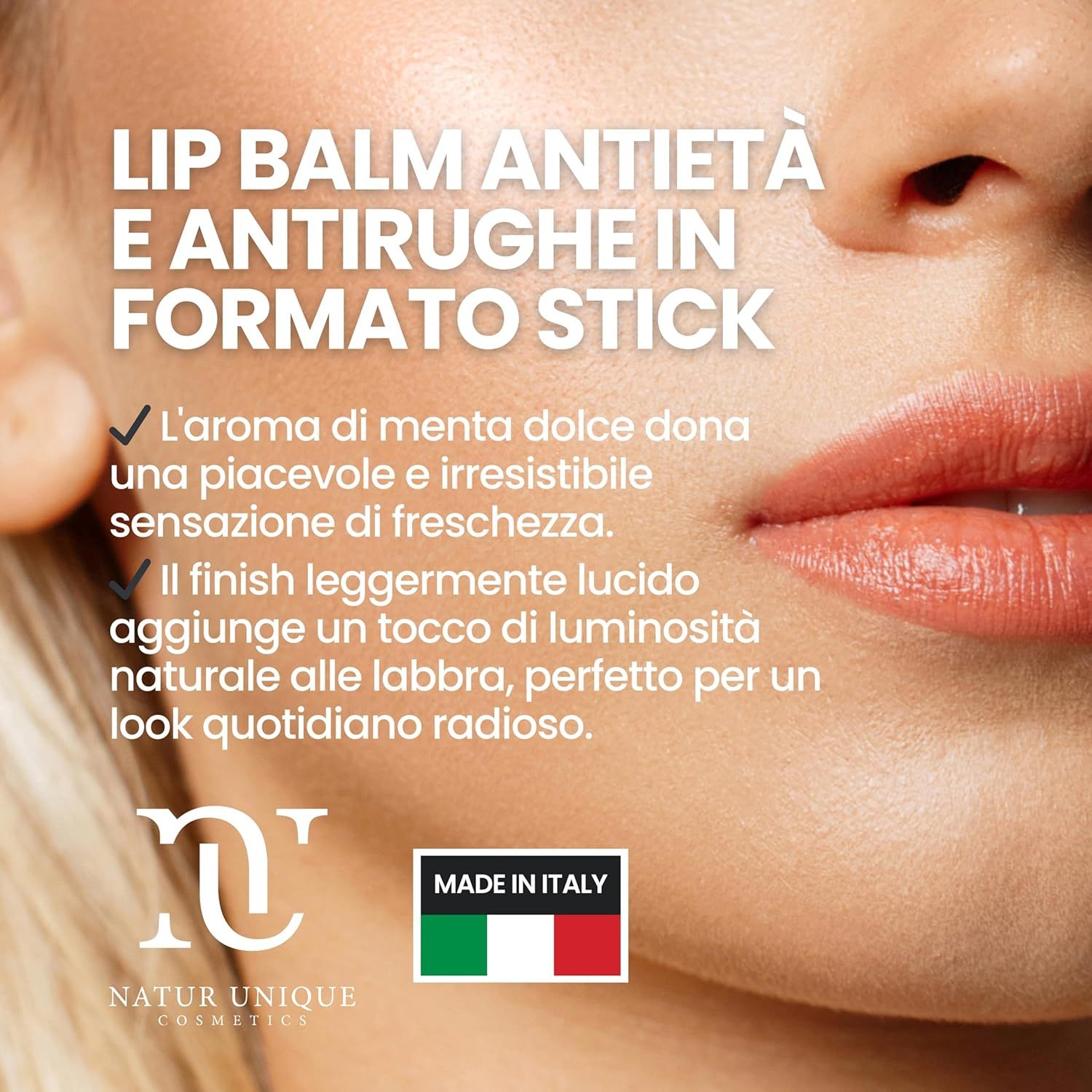 Stick balsamo labbra anti-età e anti-rughe con testo. Logo "Made in Italy".