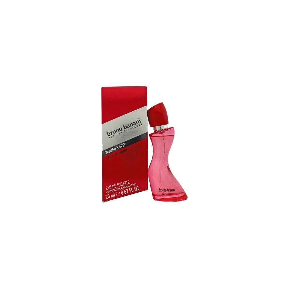 Flacone rosa di eau de toilette con tappo rosso e confezione. Scritta: Bruno Banani Woman's Best. 20 ml.