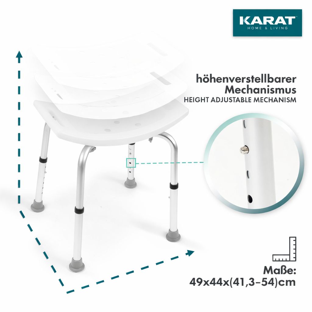 Sgabello doccia bianco, gambe argentate. Meccanismo regolabile in altezza. Dimensioni: 49x44x(41,3-54)cm.