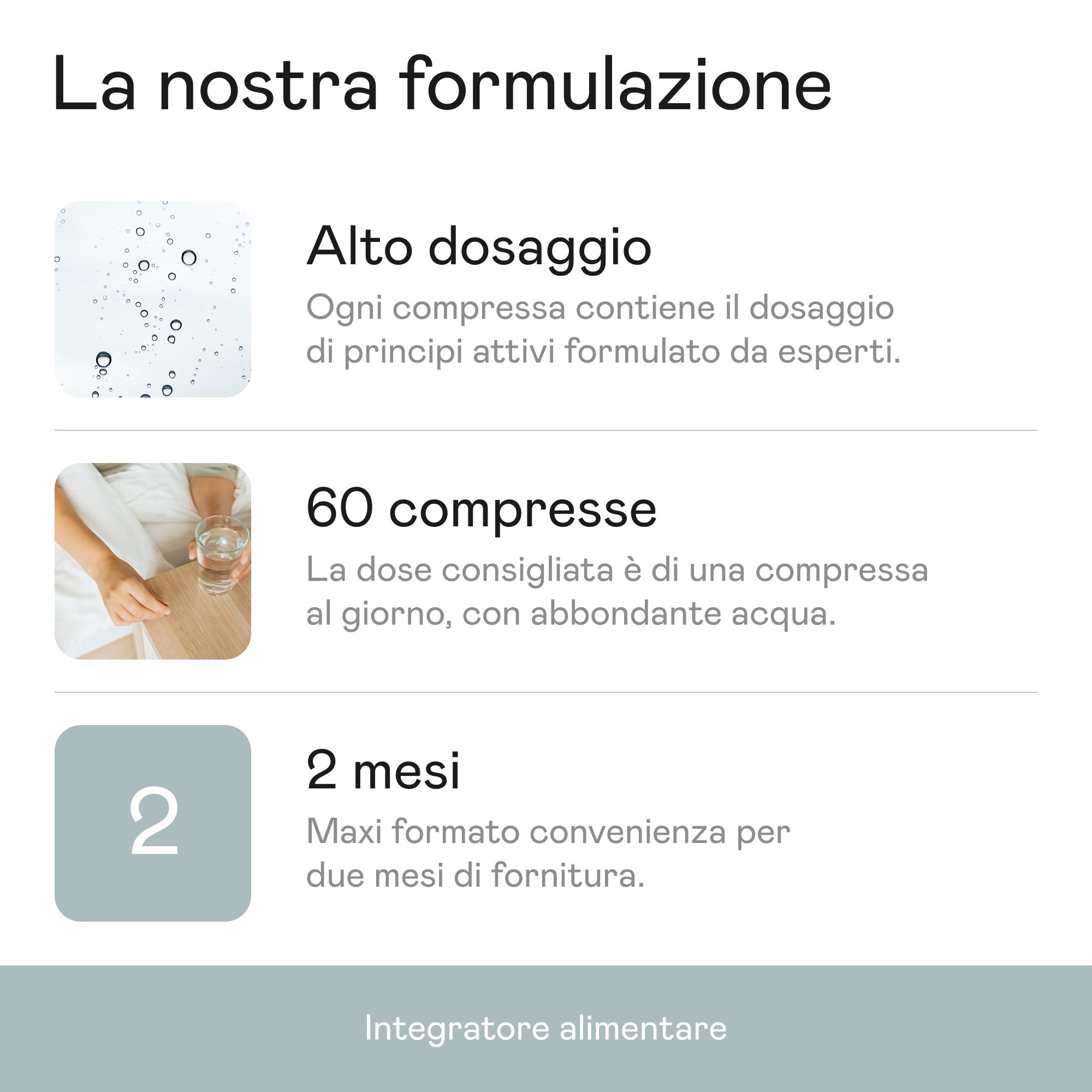 Grafico: Dosaggio elevato, 60 compresse, 2 mesi. Integratore alimentare. Persona con bicchiere d'acqua.