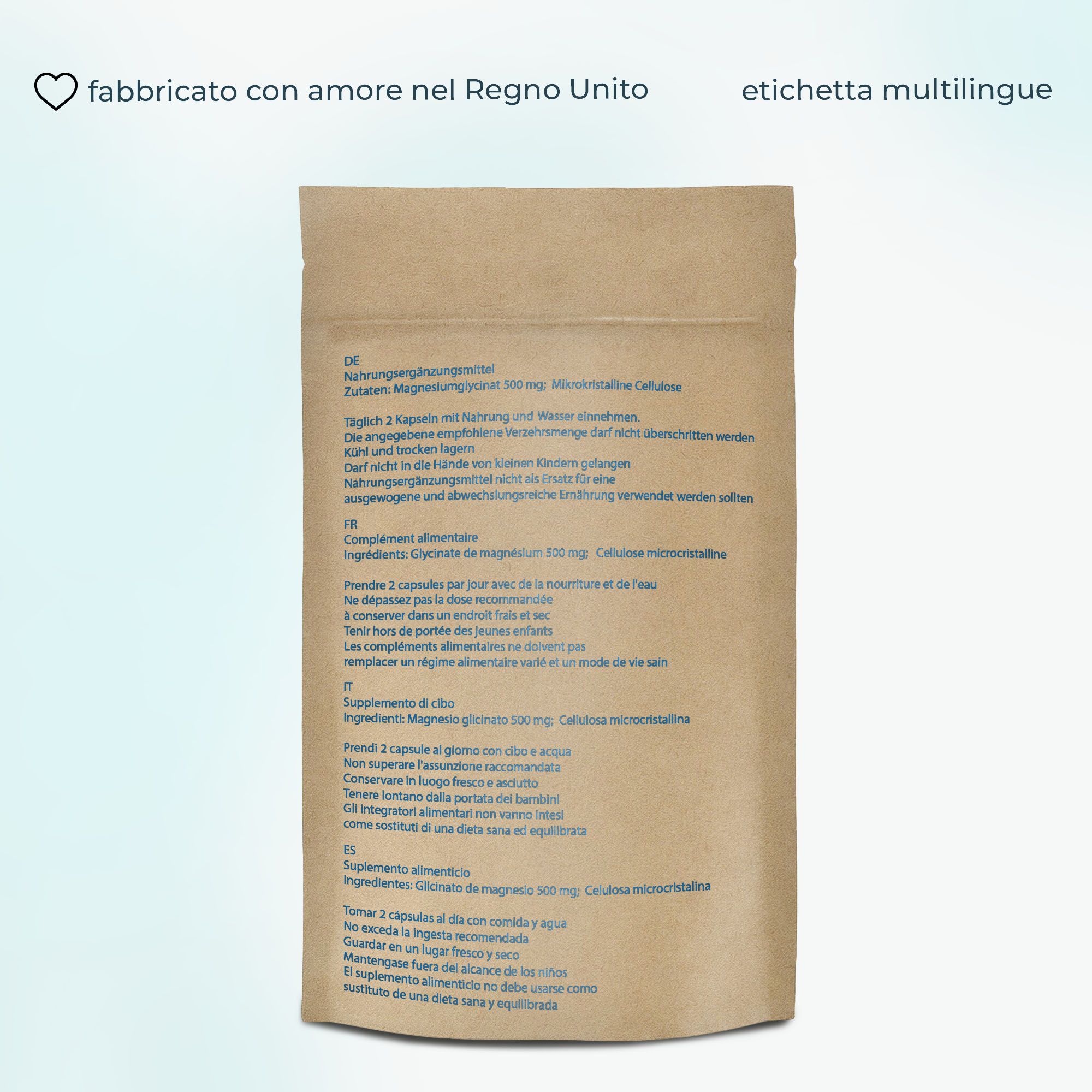 Retro di un sacchetto di carta con informazioni sul prodotto in più lingue (DE, FR, IT, ES).
