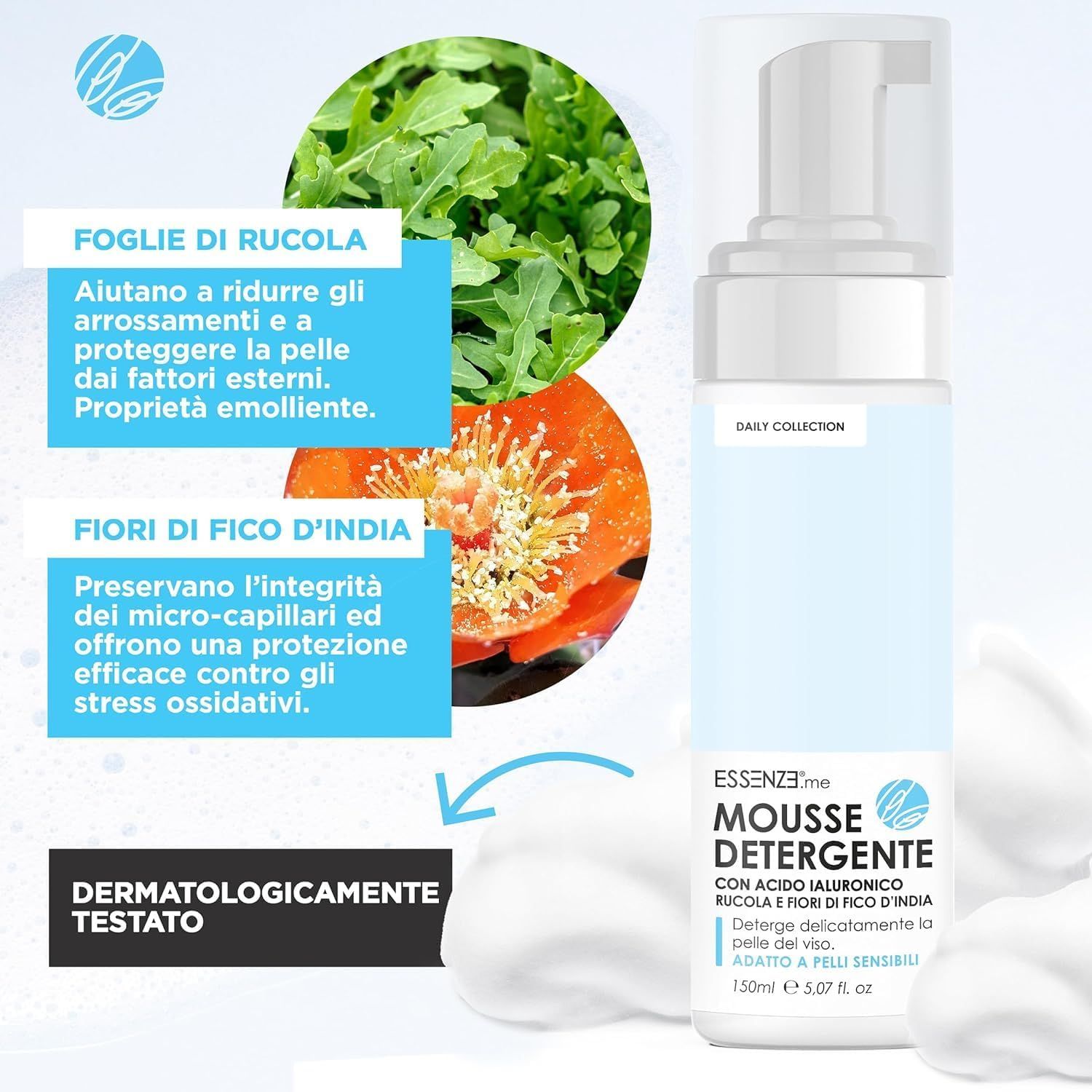 Essenze.me Mousse Detergente Viso Schiuma Delicata con Acido Ialuronico Rucola e Fico d’India 150ml