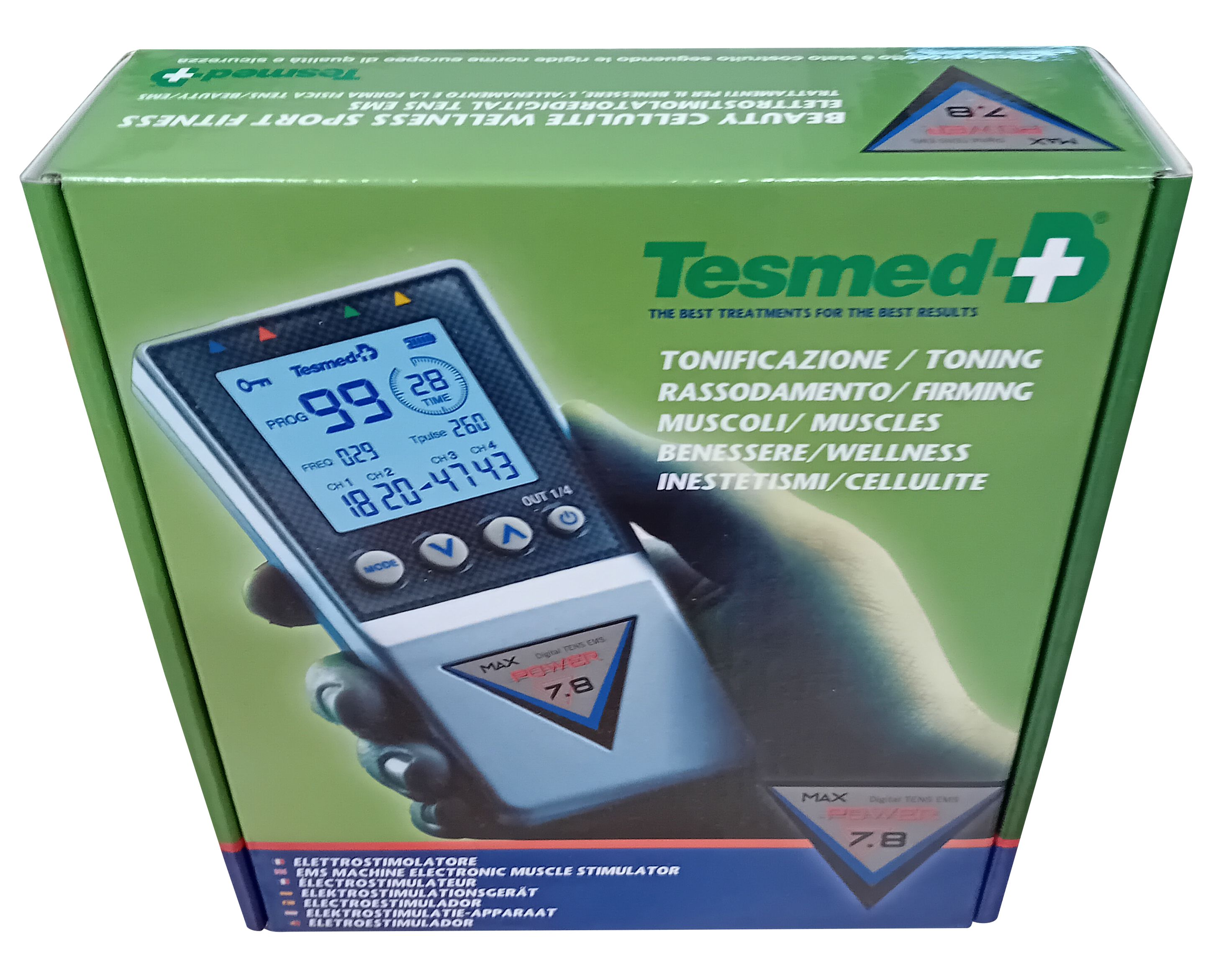 Confezione verde con dispositivo e mano. Testo: "TESMED+ MAX 7.8". Informazioni su tonificazione, muscoli, benessere.
