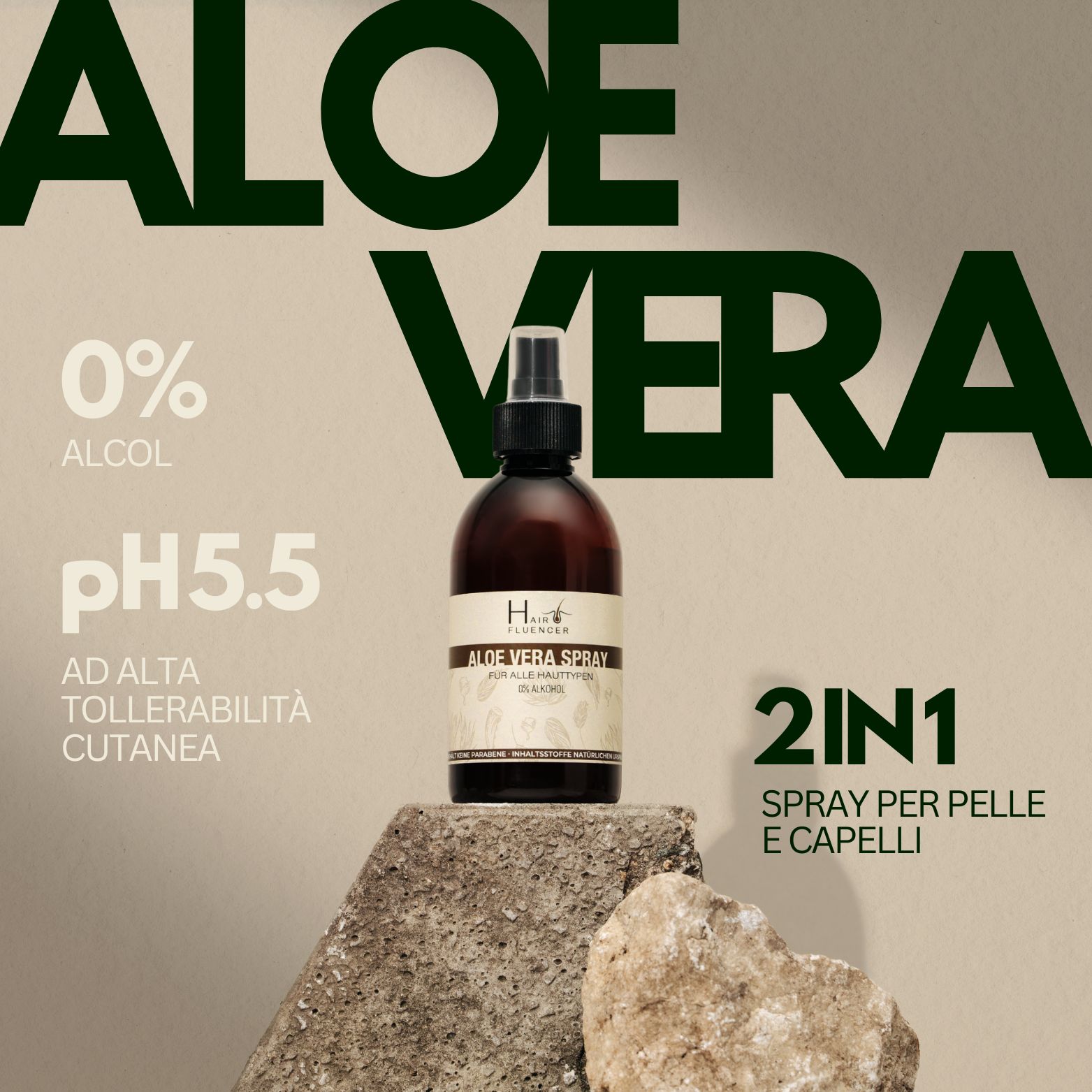 Flacone Hairfluencer Aloe Vera Spray su pietre, con testo "Aloe Vera 2IN1 Spray per pelle e capelli".
