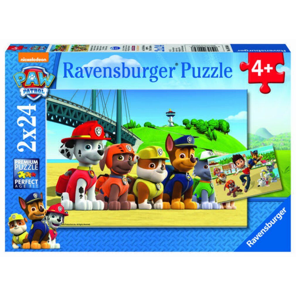 Scatola puzzle Paw Patrol. Stampa: 2x24 pezzi, Ravensburger Puzzle, 4+. I personaggi di Paw Patrol sono raffigurati davanti a un paesaggio.