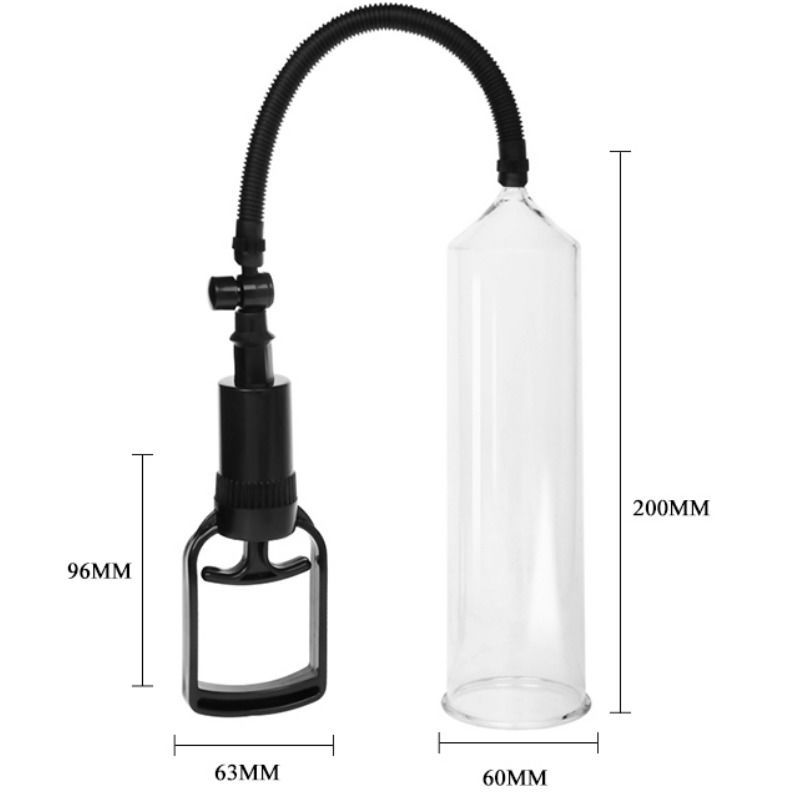 Pompa peniena trasparente con impugnatura e tubo neri. Dimensioni: 200mm x 60mm.