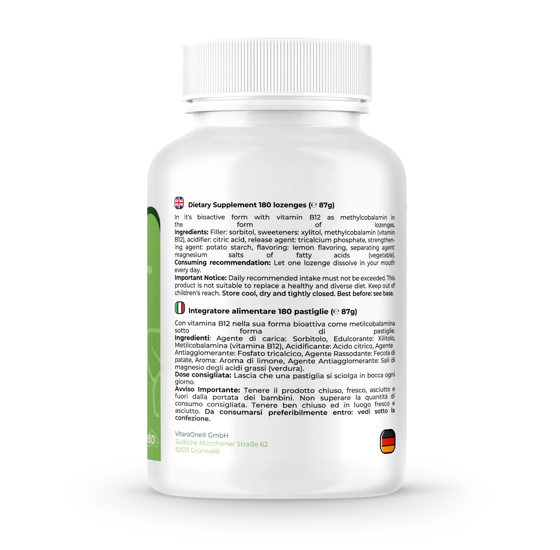 Flacone bianco con etichetta verde. Contiene vitamina B12. Scritta: VitaraOne, Vitamina B12 500µg. 180 compresse.