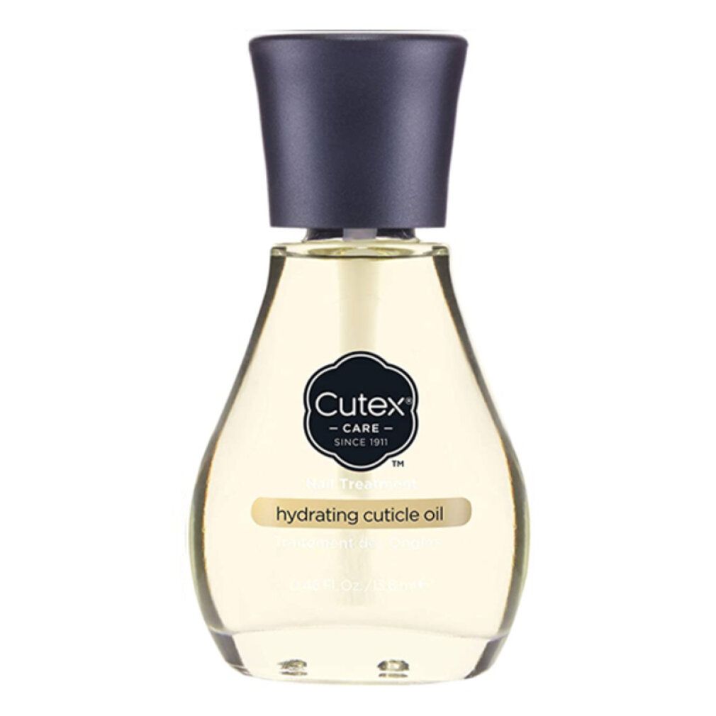Olio Cutex per cuticole. Flacone a goccia con tappo scuro. Olio visibile. Logo e nome del prodotto sull'etichetta.