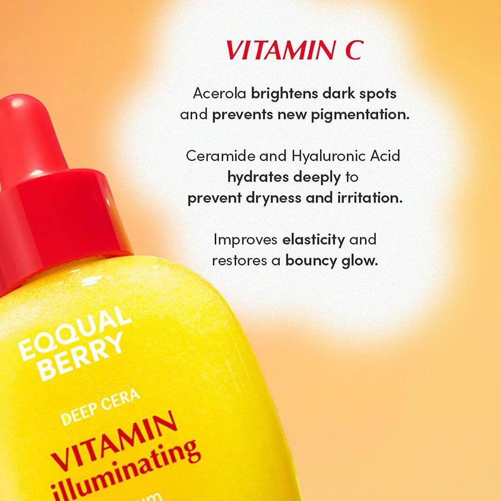 Flacone di siero giallo con pipetta rossa. Testo: EQQUAL BERRY, Vitamin Illuminating Serum. Testo accanto: Vitamina C, acerola, acido ialuronico.