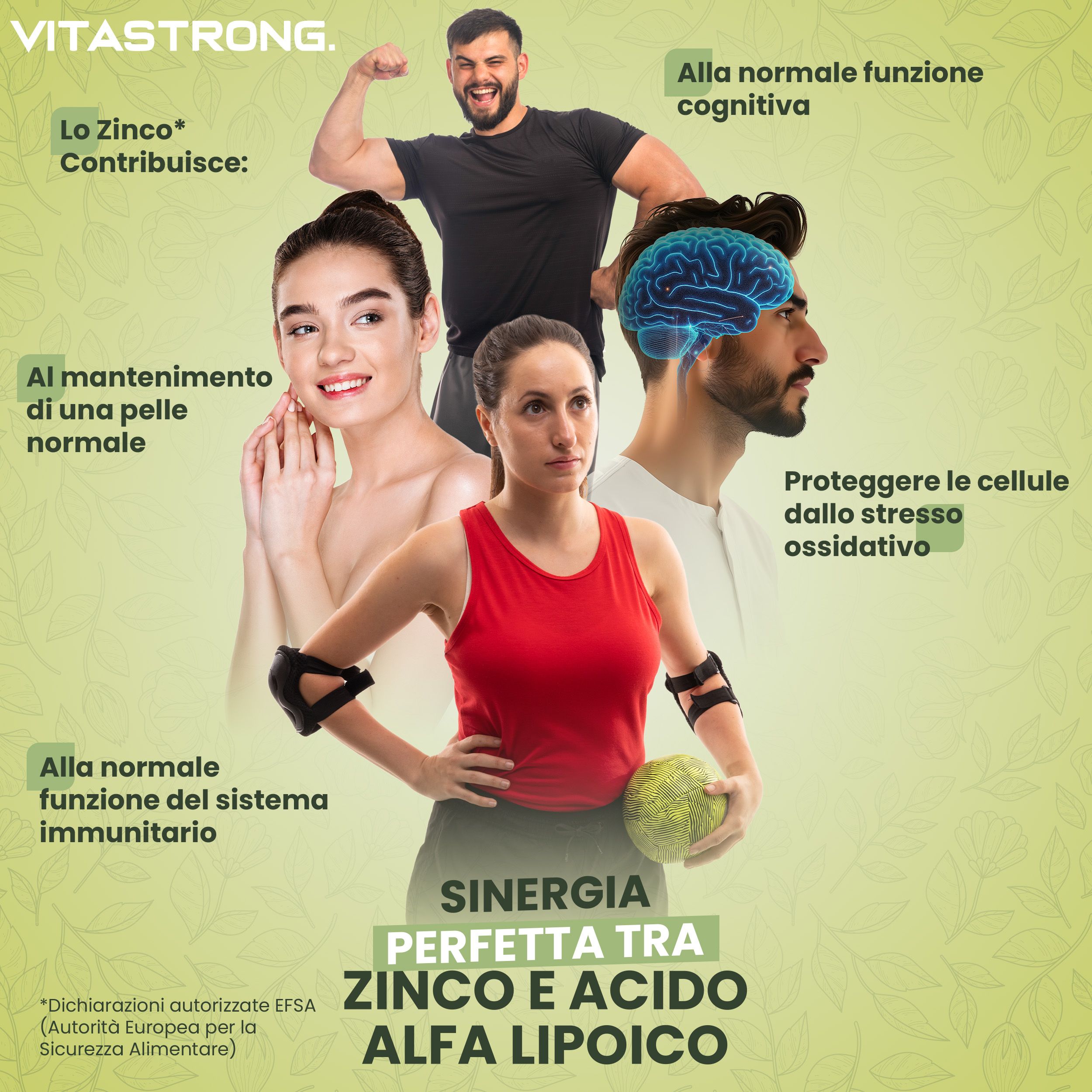 Grafica con persone e testo. Testo: Zinco e Acido Alfa Lipoico. Benefici per la salute.