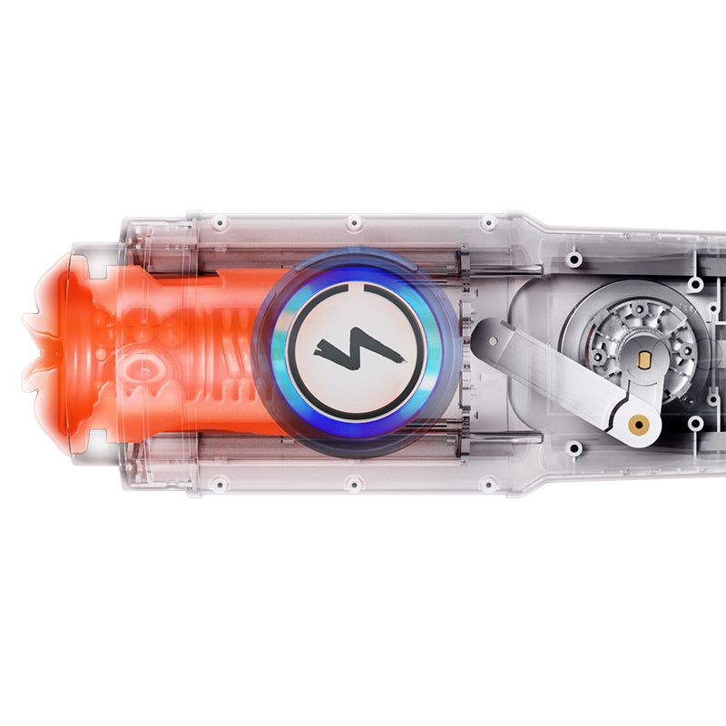 Dispositivo trasparente, interno visibile. Inserto rosso, simbolo fulmine luminoso. Parti meccaniche.