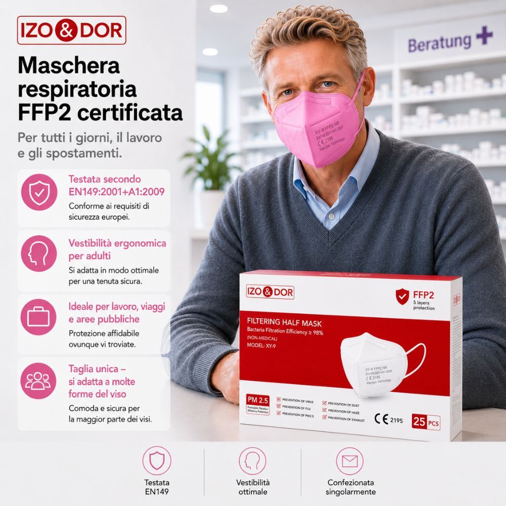 Uomo con mascherina FFP2 rosa in farmacia. Confezione e certificazione.