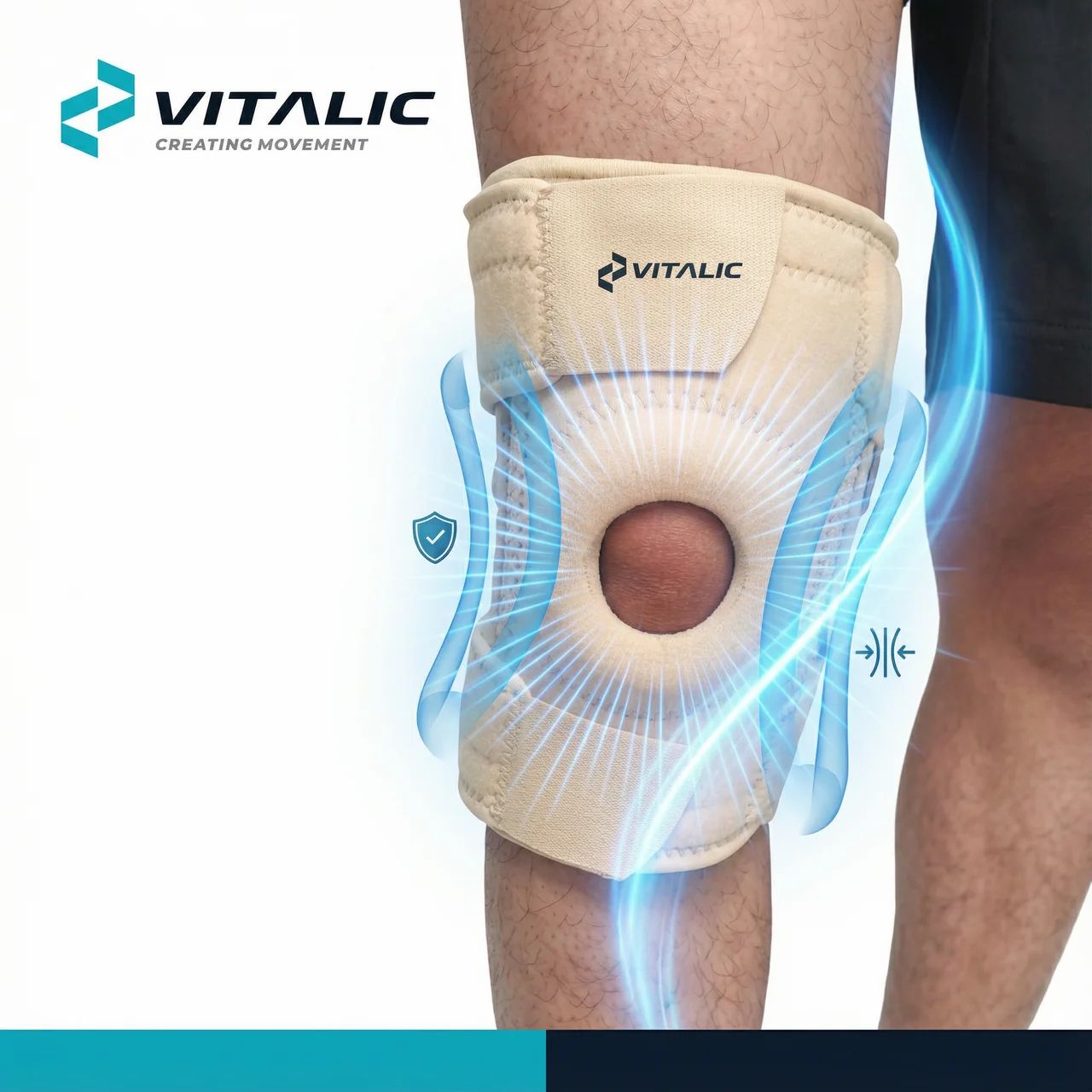 Ginocchiera beige con logo VITALIC. Simboli di protezione e stabilità.