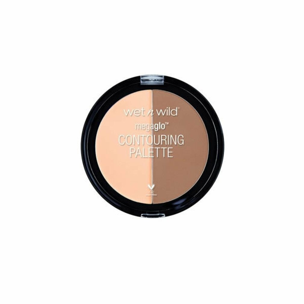 Palette contouring rotonda. Due tonalità: chiaro e marrone scuro. Contenitore nero con coperchio trasparente. Testo: Wet n Wild, Contouring Palette.