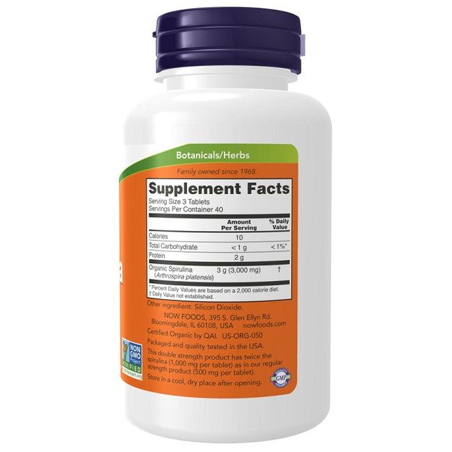 Retro della bottiglia NOW Foods Bio Spirulina Doppia Forza 1000 mg con informazioni nutrizionali e certificazioni biologiche.