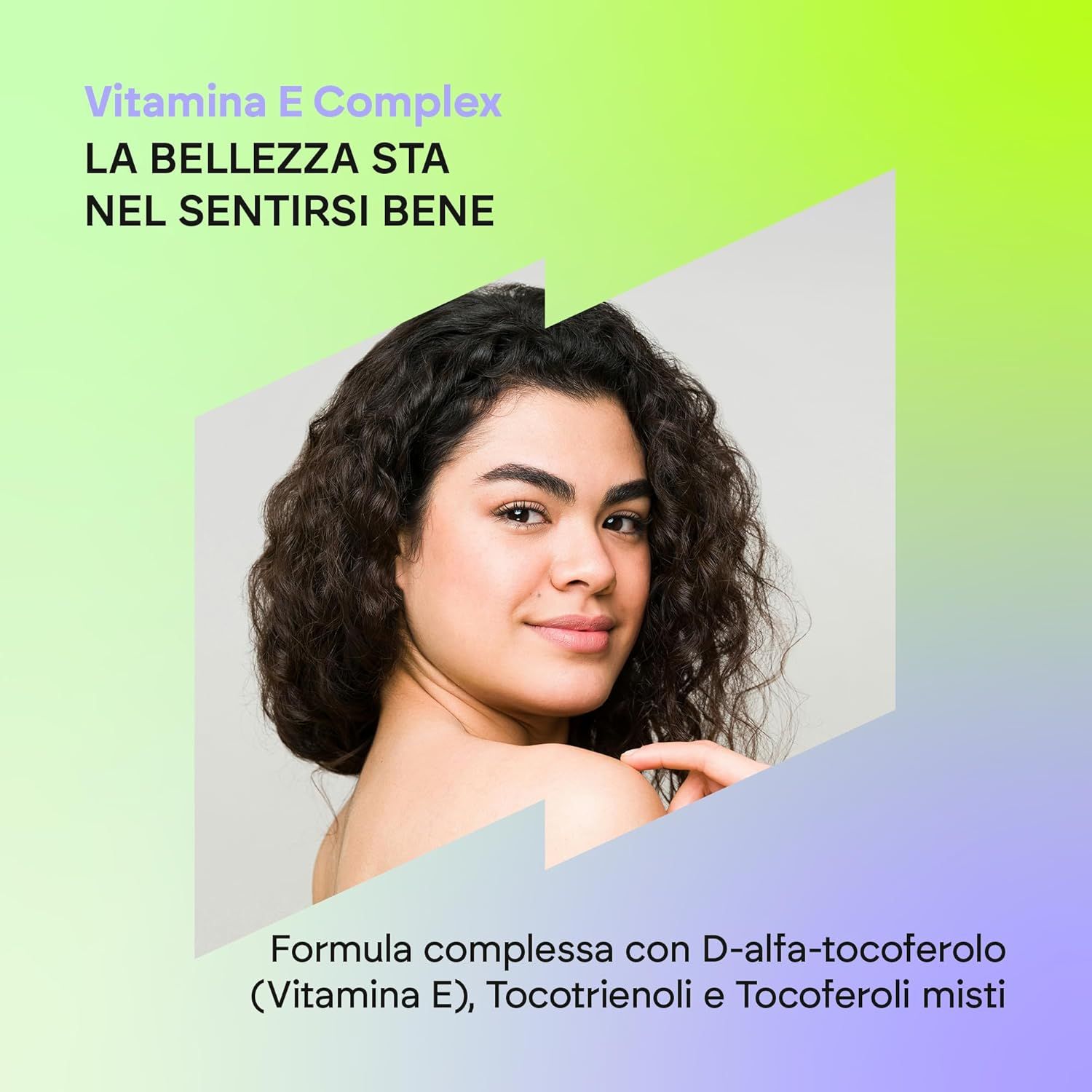 Donna con Nutralie Vitamin E Kapseln. Testo: Vitamin E Complex. Formula con D-alfa-tocoferolo, tocotrienoli e tocoferoli misti.