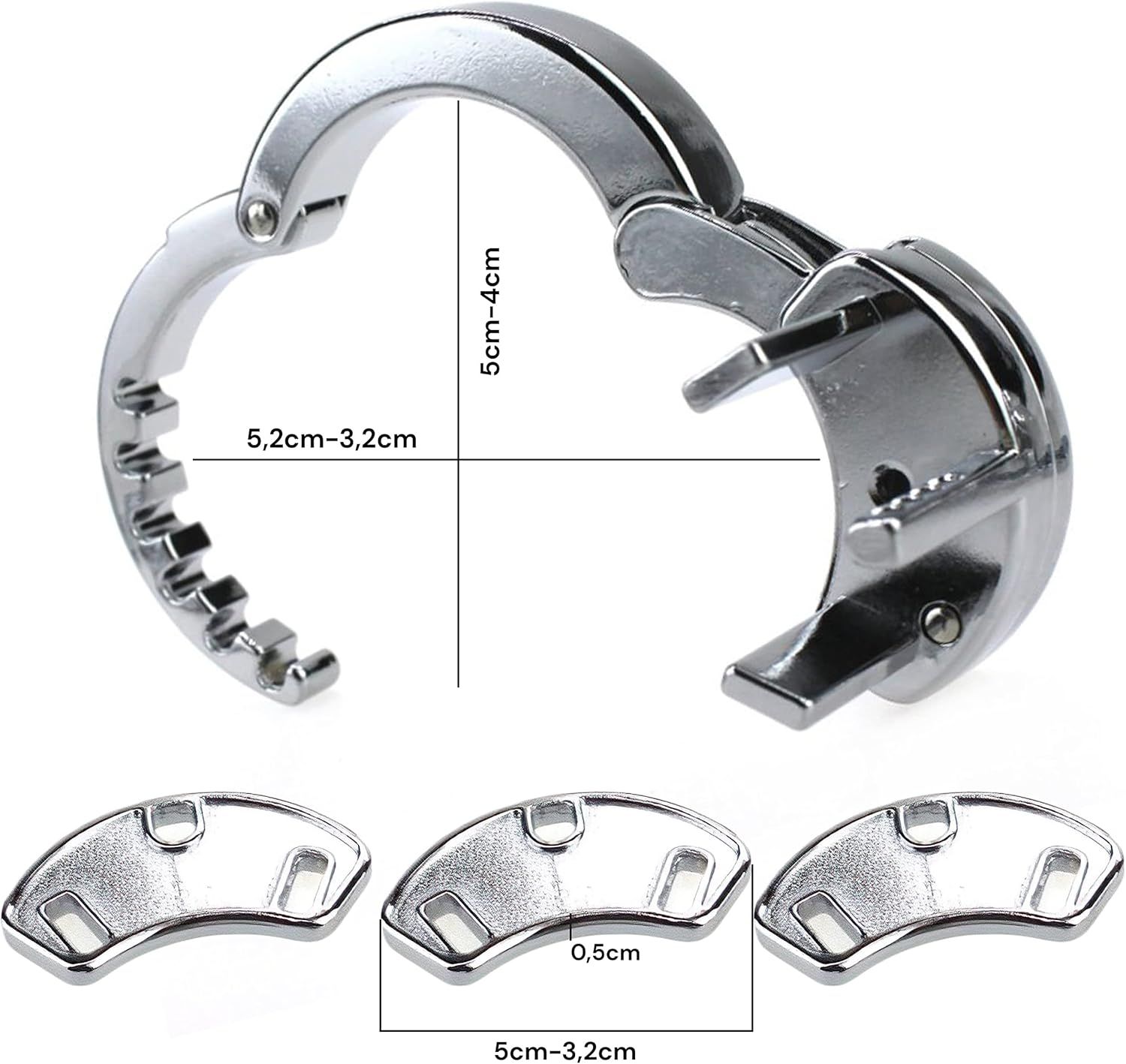 Gabbia di castità in metallo smontata. Anello di 5,2-3,2 cm. Tre piastre. Dimensioni: 5cm-4cm e 0,5cm.
