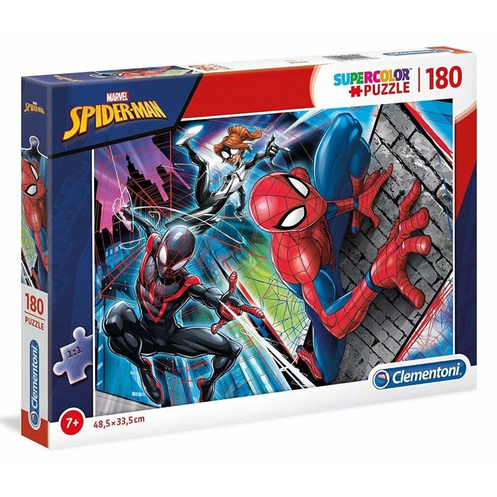 Scatola puzzle Spiderman, 180 pezzi. Marchio Clementoni. Consigliato dai 7 anni in su. Illustrazione Spiderman sulla scatola.
