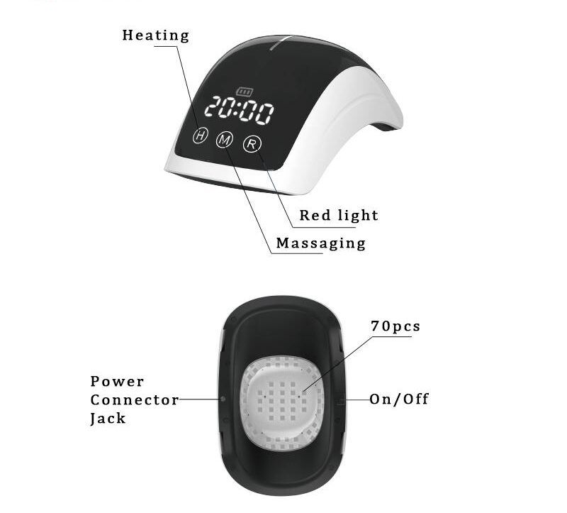 Dispositivo massaggio ginocchio, bianco e nero, con pannello comandi. Display: 20:00. Etichette: Heating, Massaging, Red light. 70pcs.