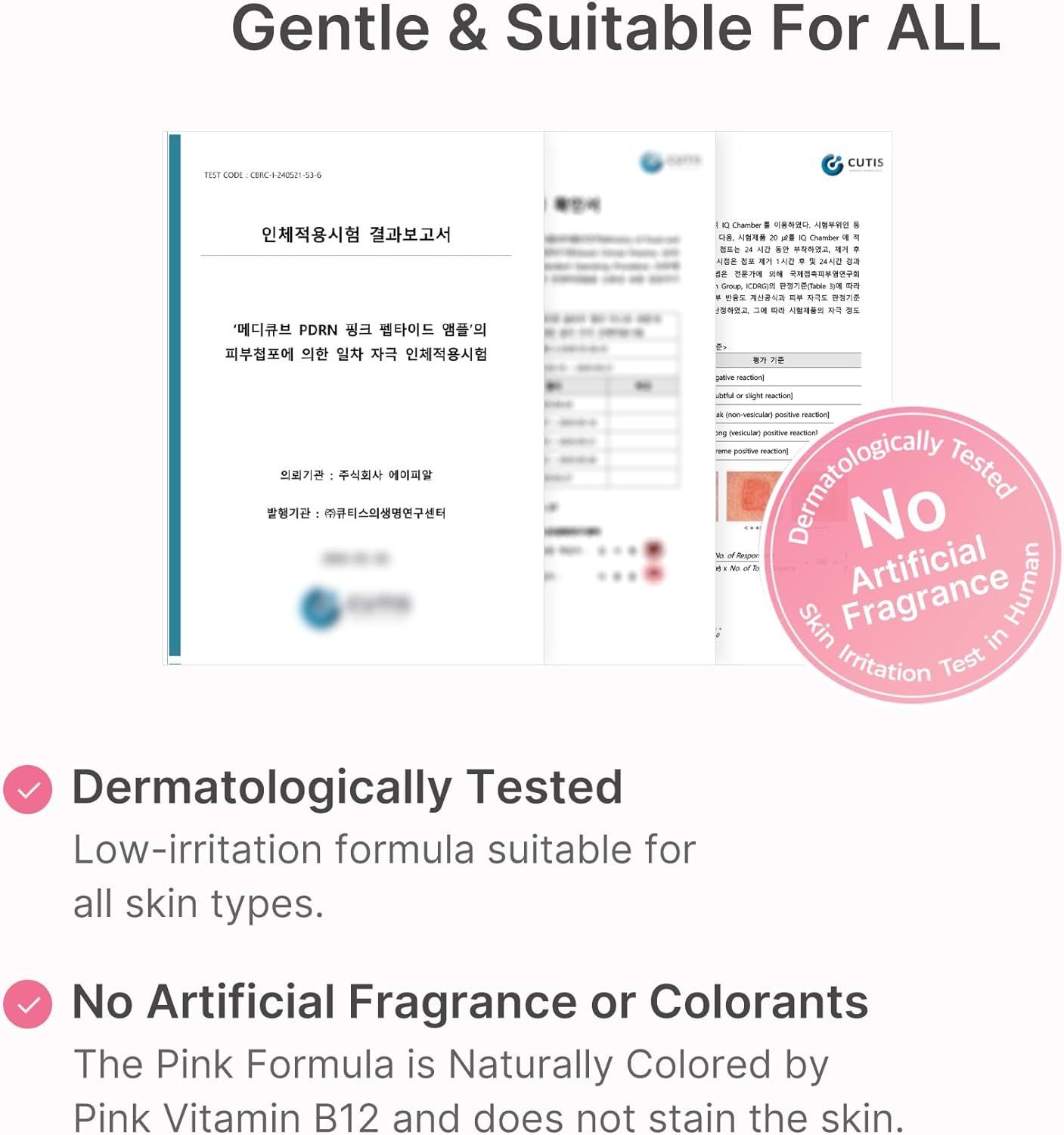 Documenti e un timbro: Dermatologicamente testato. Testo: Low-irritation formula suitable for all skin types. No Artificial Fragrance.