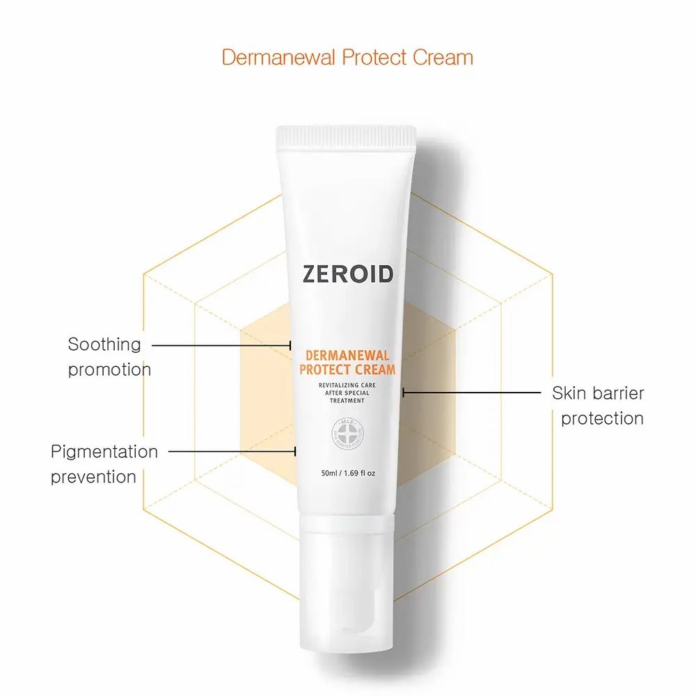 Tubo di crema bianco. Scritta: ZEROID, Dermanewal Protect Cream. 50ml/1.69 fl oz. Elementi grafici.
