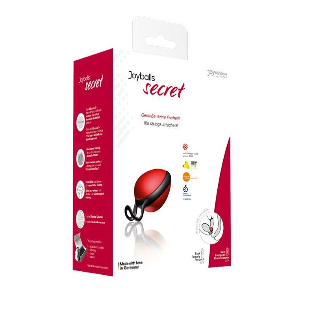 Confezione con palla rossa ovale. Testo: Joyballs secret, Made in Germany.