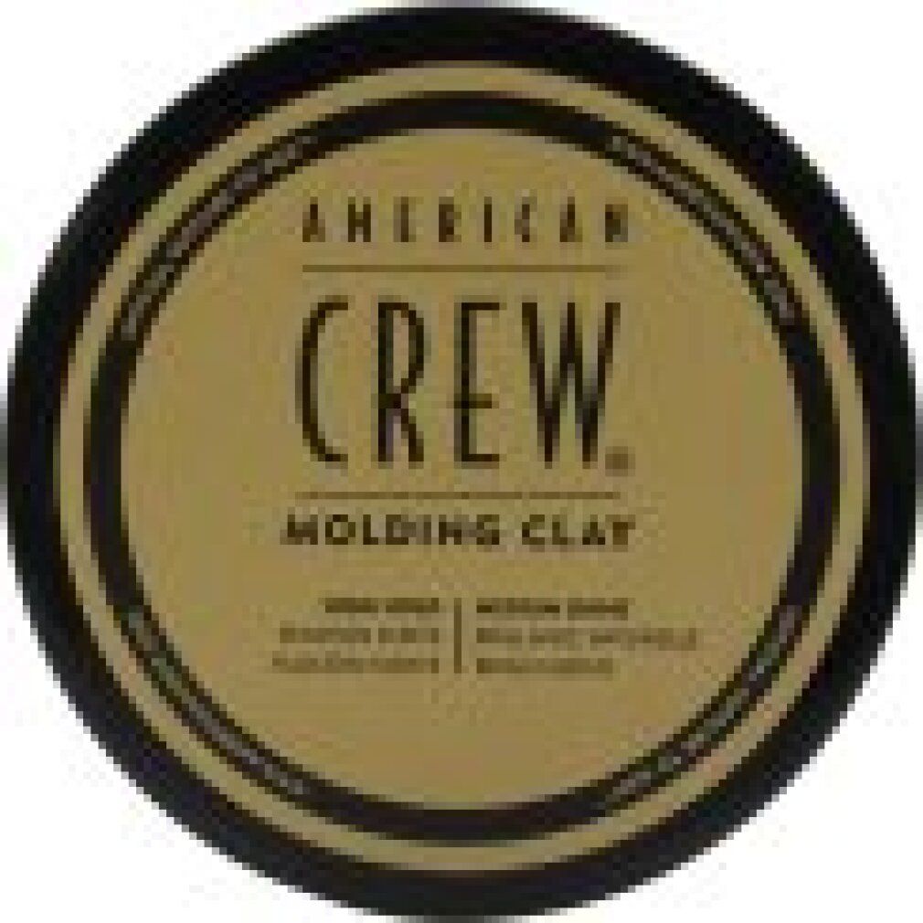 Barattolo rotondo nero. Scritta: American Crew Molding Clay. Sfondo dorato. Testo: High Hold, Medium Shine.