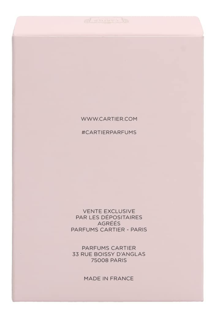 Retro di una confezione in cartone rosa. Testo: www.cartier.com, #CARTIERPARFUMS, Vente Exclusive, Parfums Cartier - Paris.