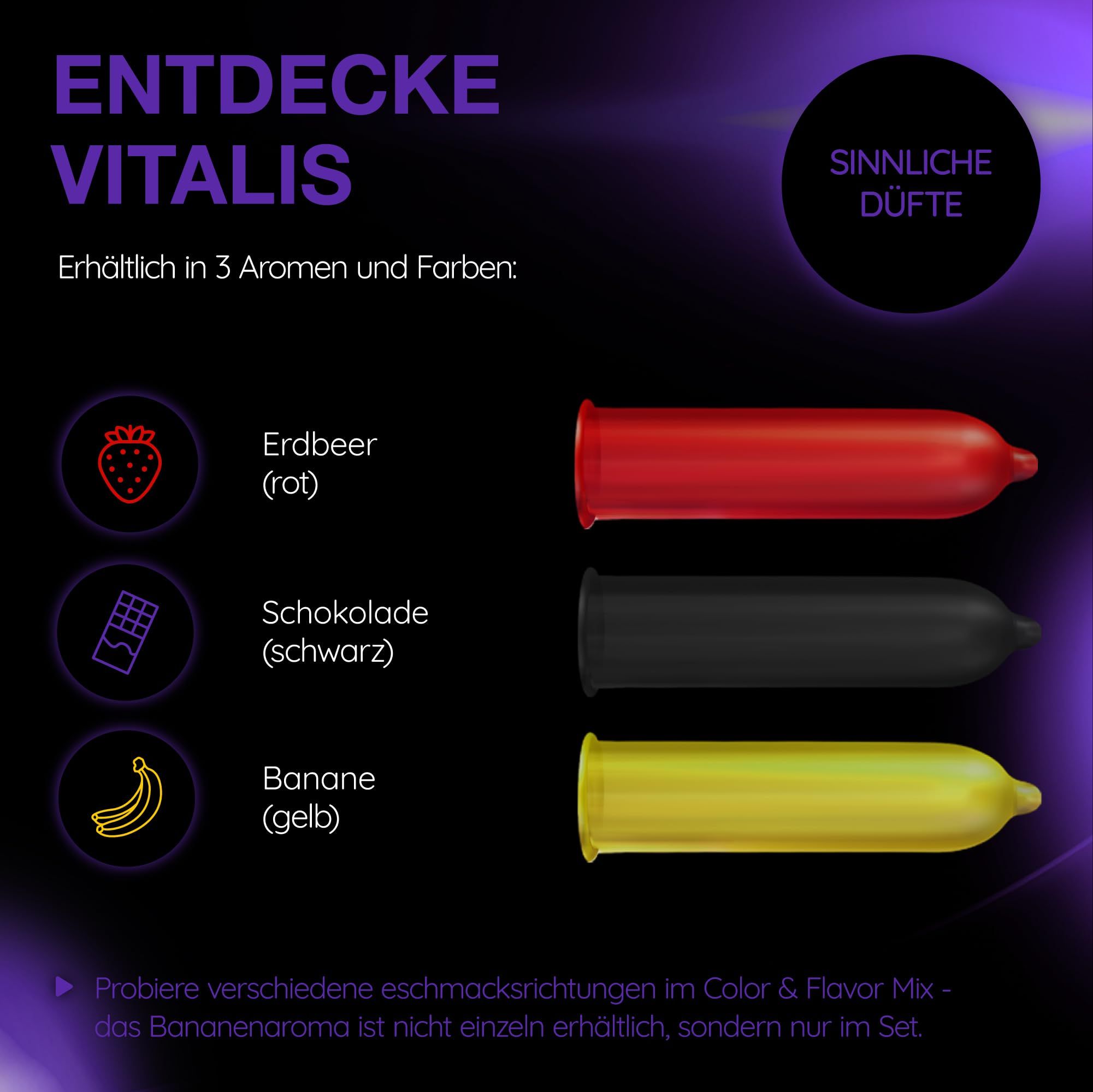 Preservativi Vitalis: Fragola (rosso), Cioccolato (nero), Banana (giallo).