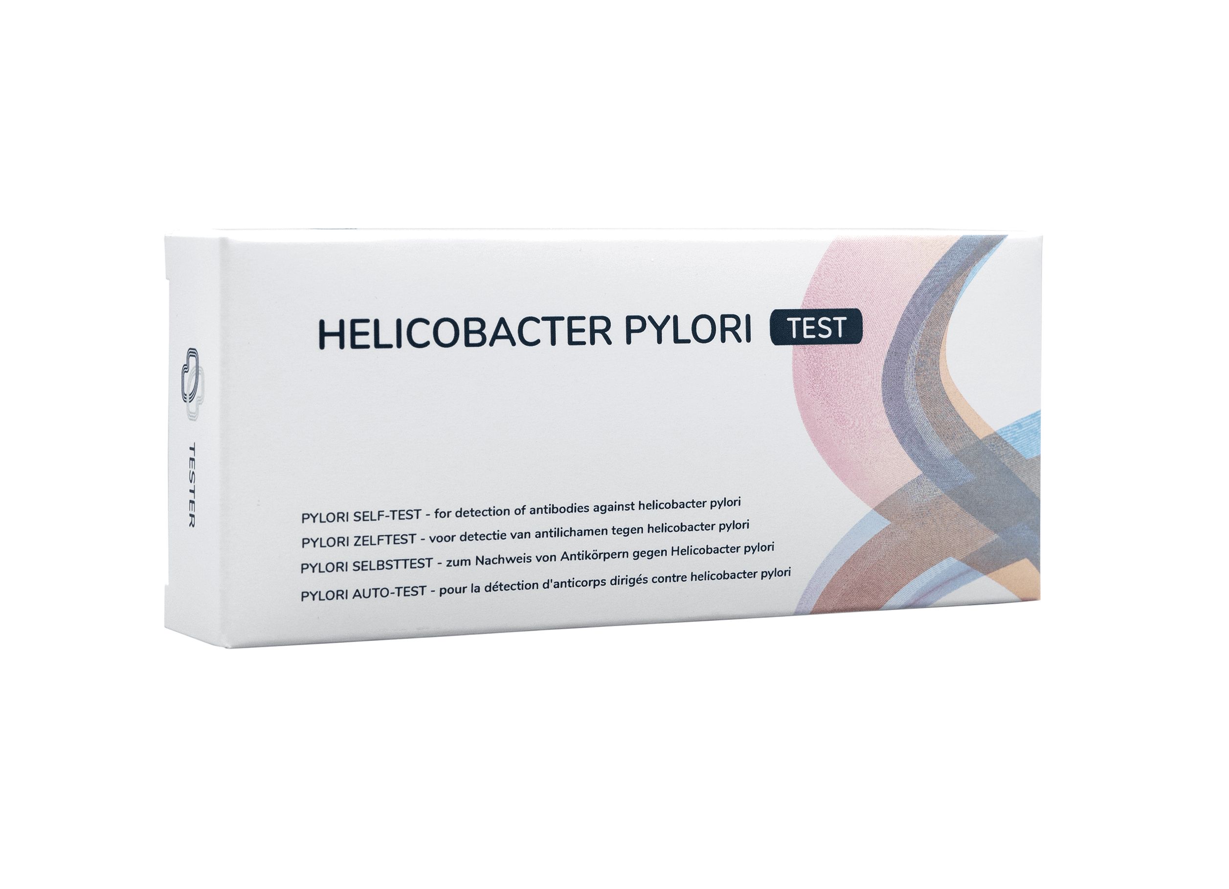 Confezione del test rapido Helicobacter Pylori con nome del prodotto e descrizioni d'uso multilingue.