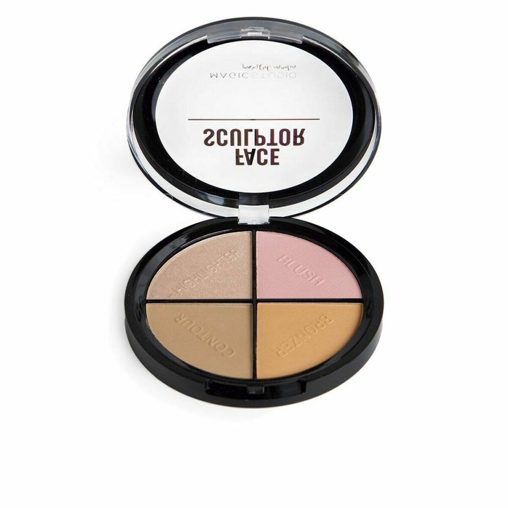 Palette cosmetica rotonda nera. Contiene quattro polveri colorate: illuminante, blush, contouring e bronzer. Coperchio con nome.