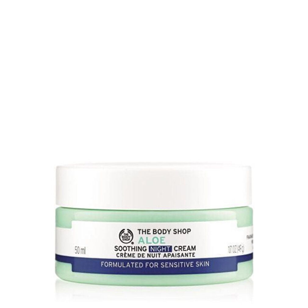 Vasetto di crema con coperchio bianco. Scritta: Aloe Soothing Night Cream. Per pelli sensibili.