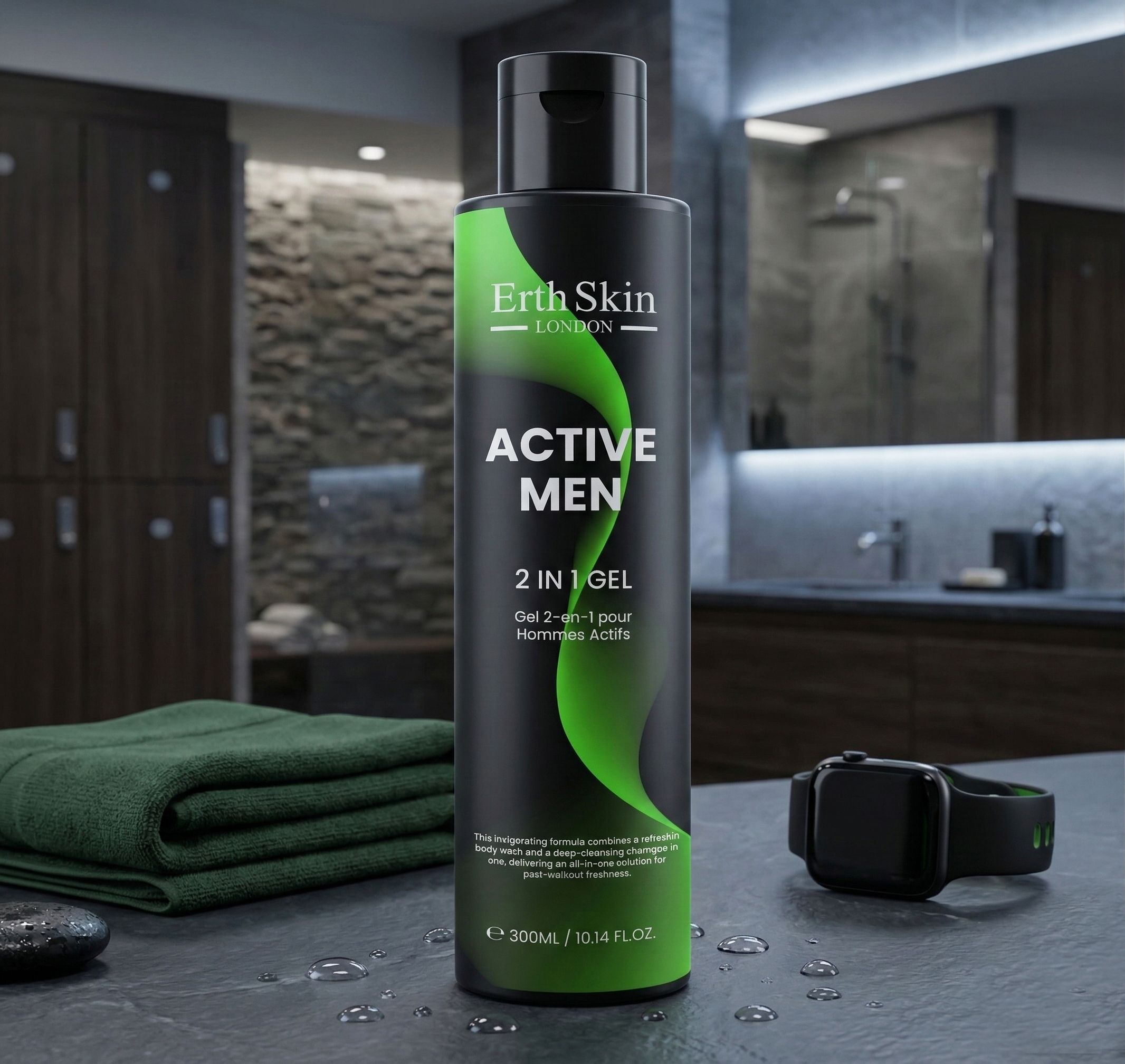 Erth Skin London Active Men Gel 2 in 1 in una bottiglia nera con design verde.