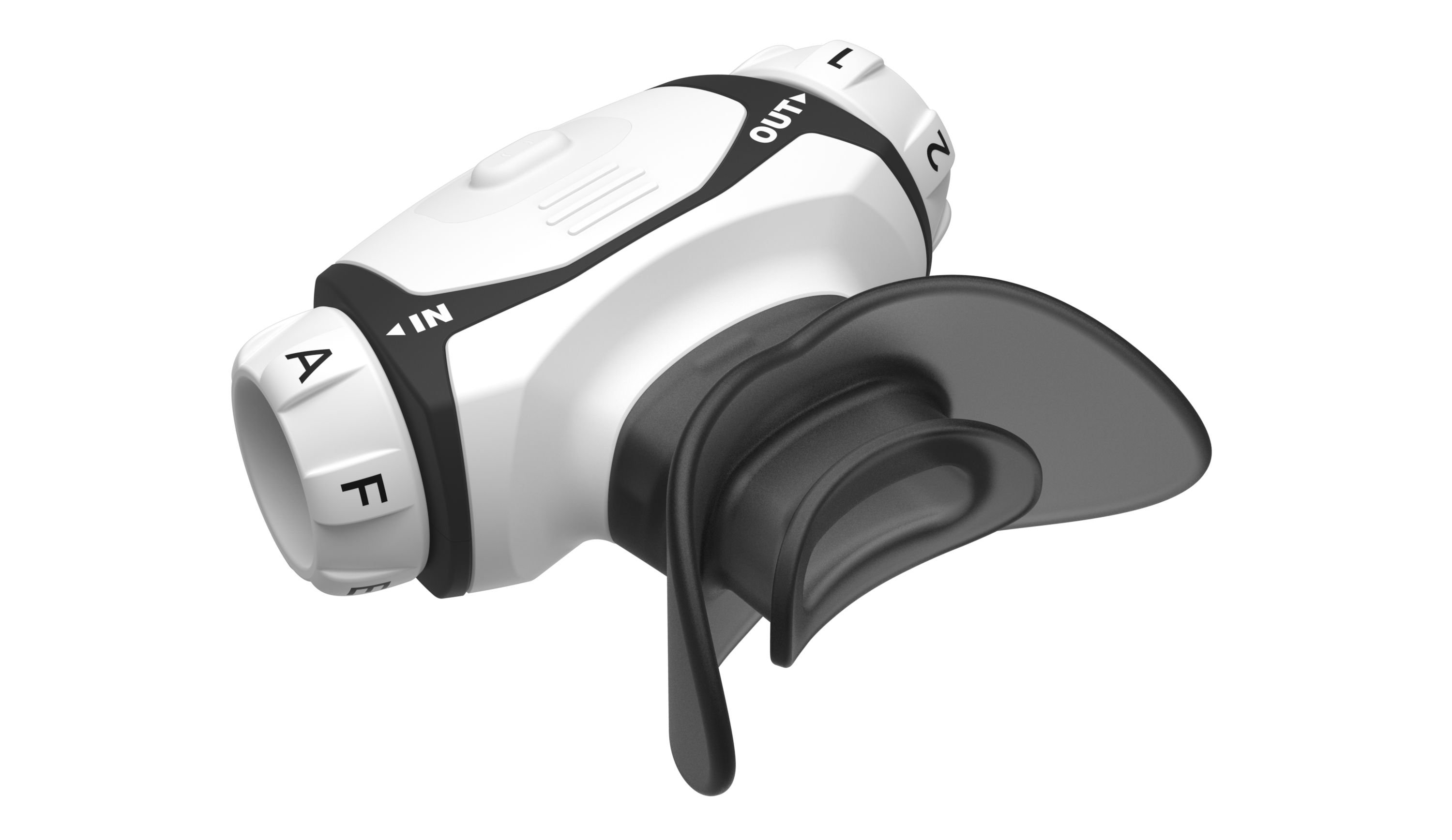 Allenatore respiratorio bianco e nero. Manopola con lettere e numeri. Boccaglio con supporto labiale.