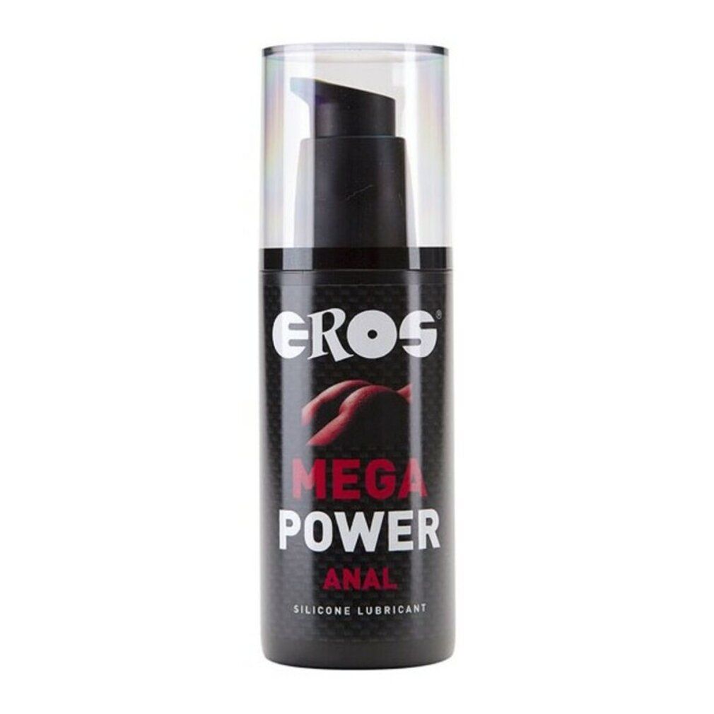 Flacone nero con pompa. Scritta: EROS, MEGA POWER ANAL, SILICONE LUBRICANT. Parte superiore trasparente.
