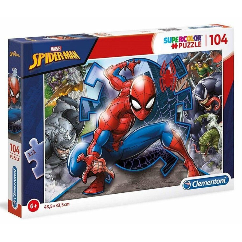Puzzle Marvel Spiderman, 104 pezzi. Confezione con immagine di Spiderman. Logo Clementoni. Dimensioni: 48,5x33,5cm.