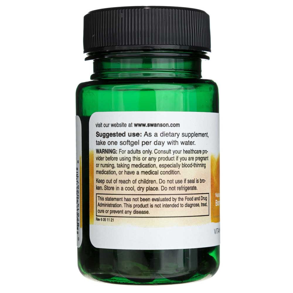 Retro di un flacone di Softgel di Vitamina K-2 SWANSON. Contiene informazioni sull'uso e lo stoccaggio.