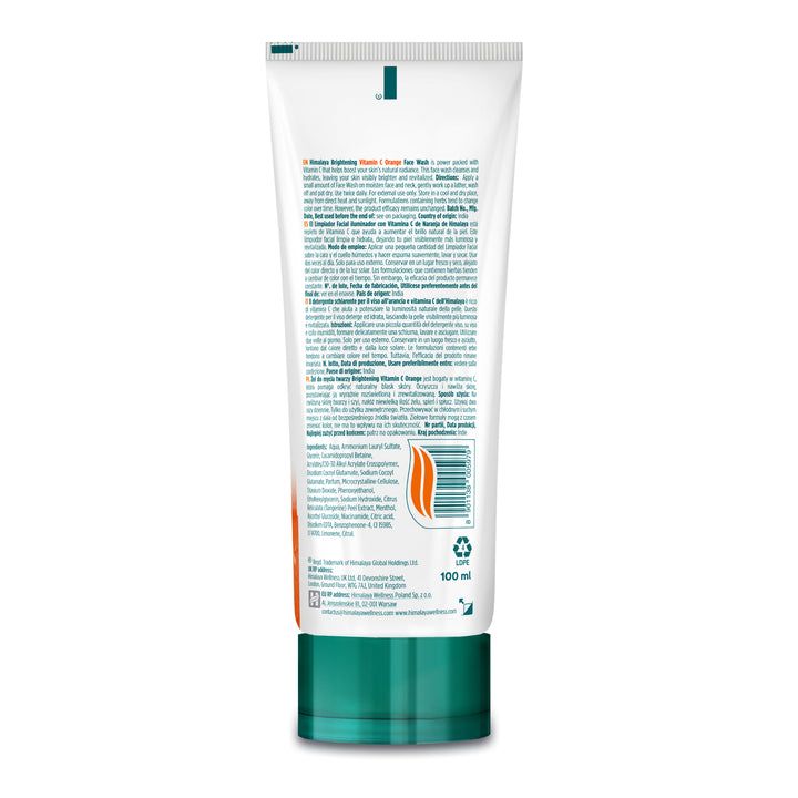 Lozione viso schiarente all'arancia e vitamina C Himalaya, tubo da 100 ml. Retro con informazioni sul prodotto e codice a barre.