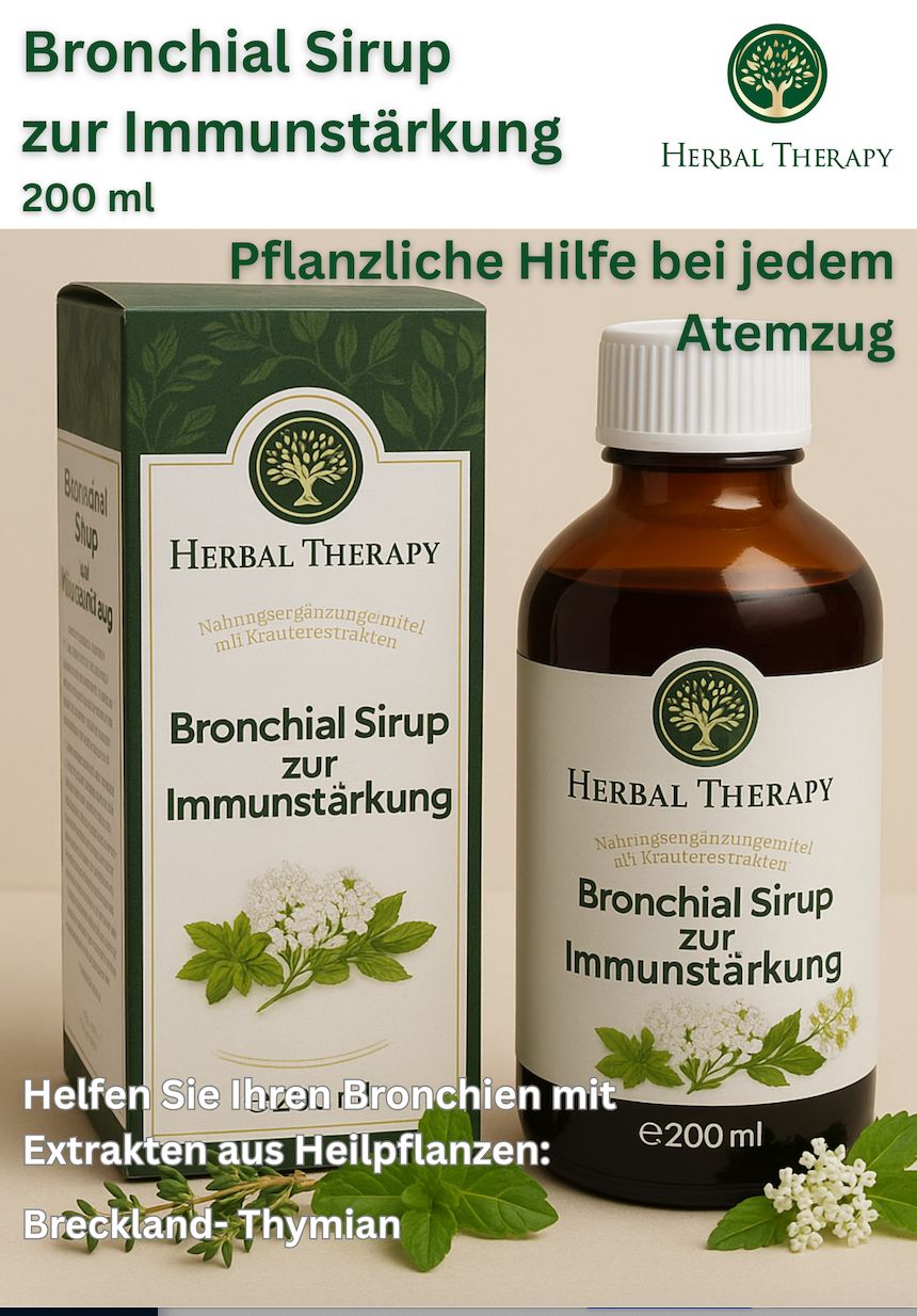 Bottiglia e confezione del prodotto. Scritta: Herbal Therapy, Bronchial Sirup zur Immunstärkung, 200ml.