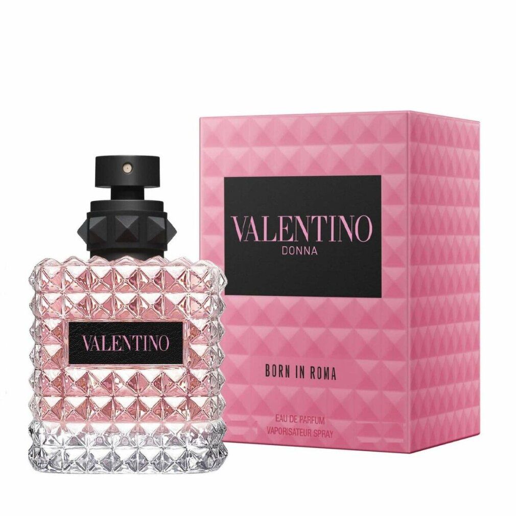 Valentino Born In Roma Eau De Parfum da donna. Confezione e flacone rosa. Tappo nero. Flacone trasparente con liquido rosa.