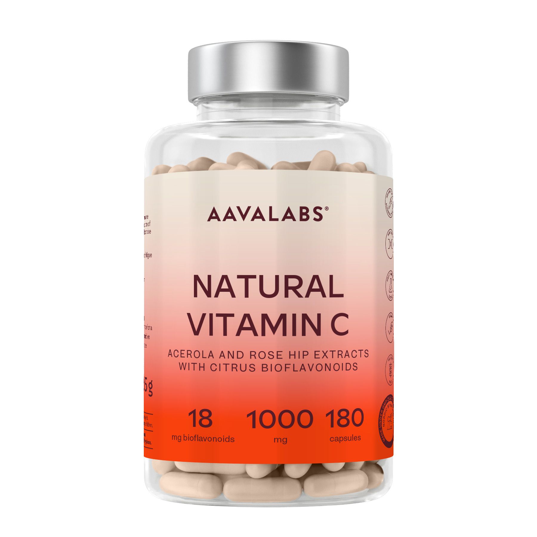Flacone di capsule. Scritta: Natural Vitamin C. 180 capsule.