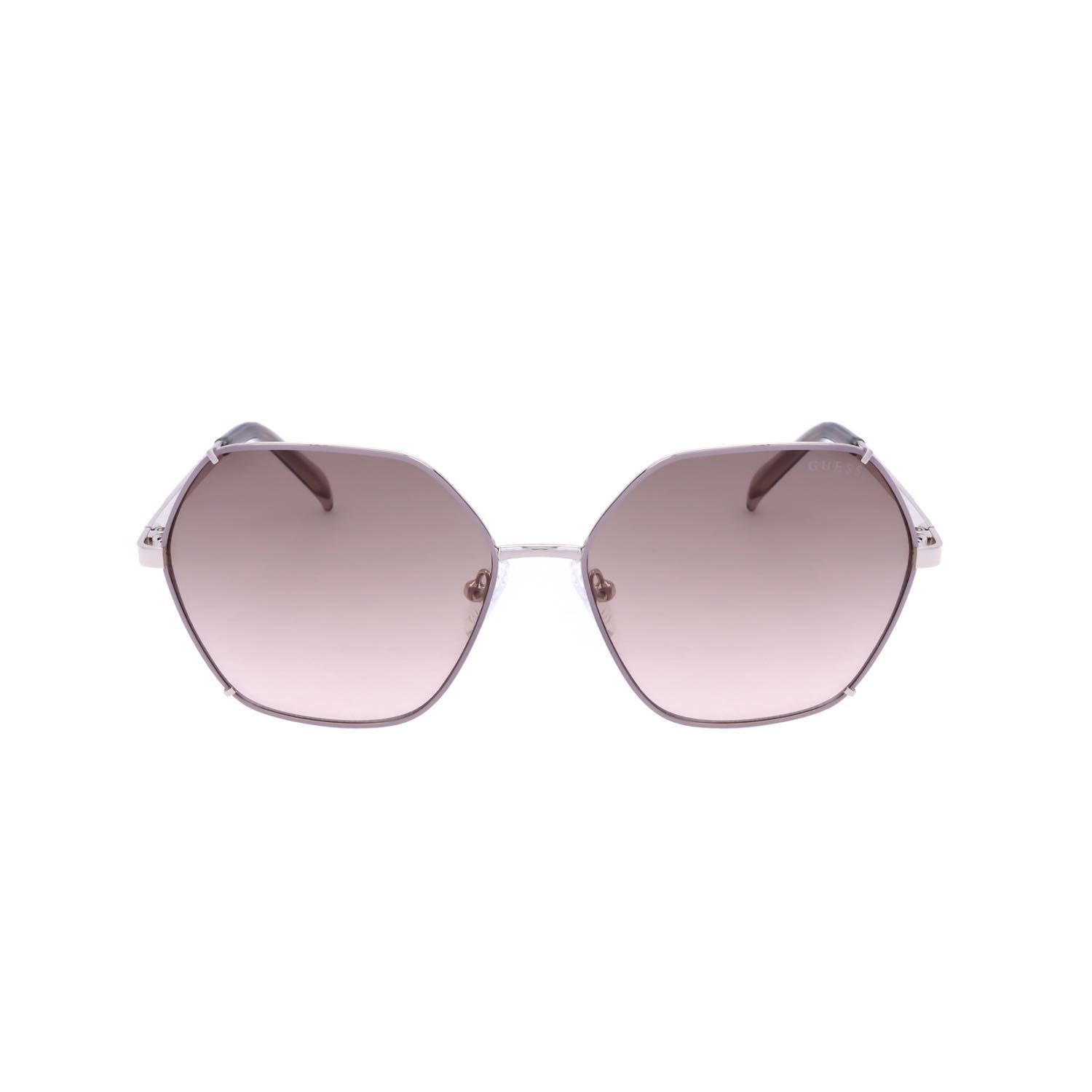Occhiali da sole argentati con lenti sfumate rosa ottagonali e montatura metallica sottile.