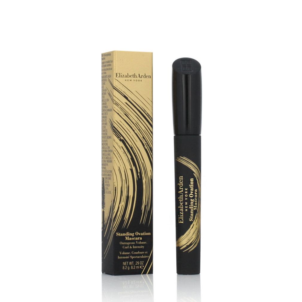 Mascara Elizabeth Arden Standing Ovation Black. Mascara nero e confezione dorata. Testo: nome prodotto, marchio, volume.